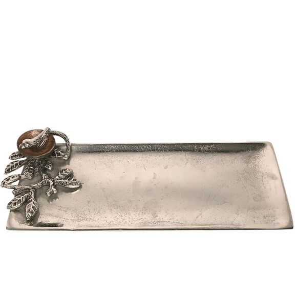 Vintage Mud Pie Silver Pewter Tray With Bird On Wood Nest And Branches 11" x 5" - Picture 1 of 9